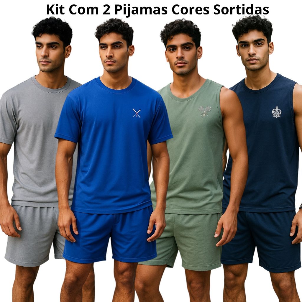 Kit com 2 Pijamas Masculino Regata Verão Adulto em Malha de Qualidade Cores Sortidas