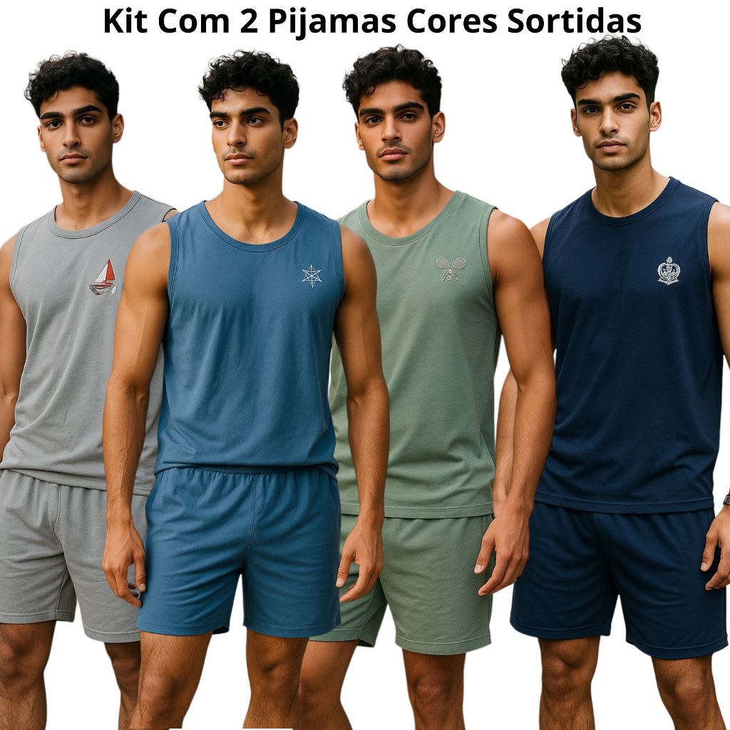 Kit com 2 Pijamas Masculino Regata Verão Adulto em Malha de Qualidade Azul/Verde/Cinza