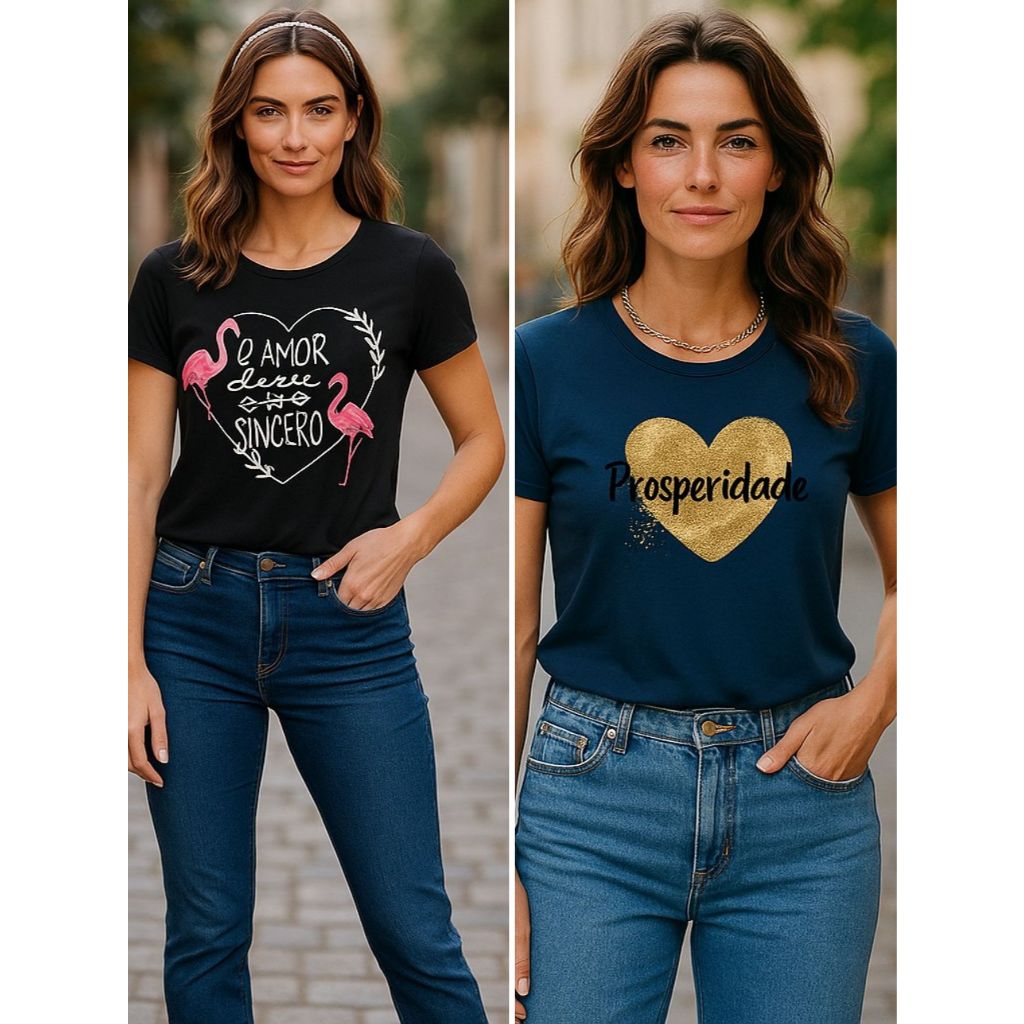 Kit 2 blusas femininas estampa amor sincero e prosperidade em Oferta na Shopee