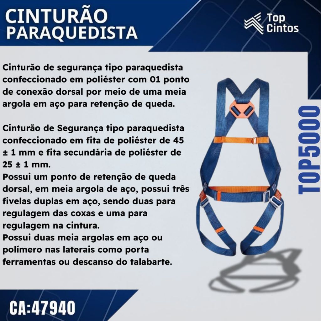 Cinto Paraquedista Segurança Trabalho em Altura 1 Ponto Talabarte Gancho EPI TOP5000 CA 47940