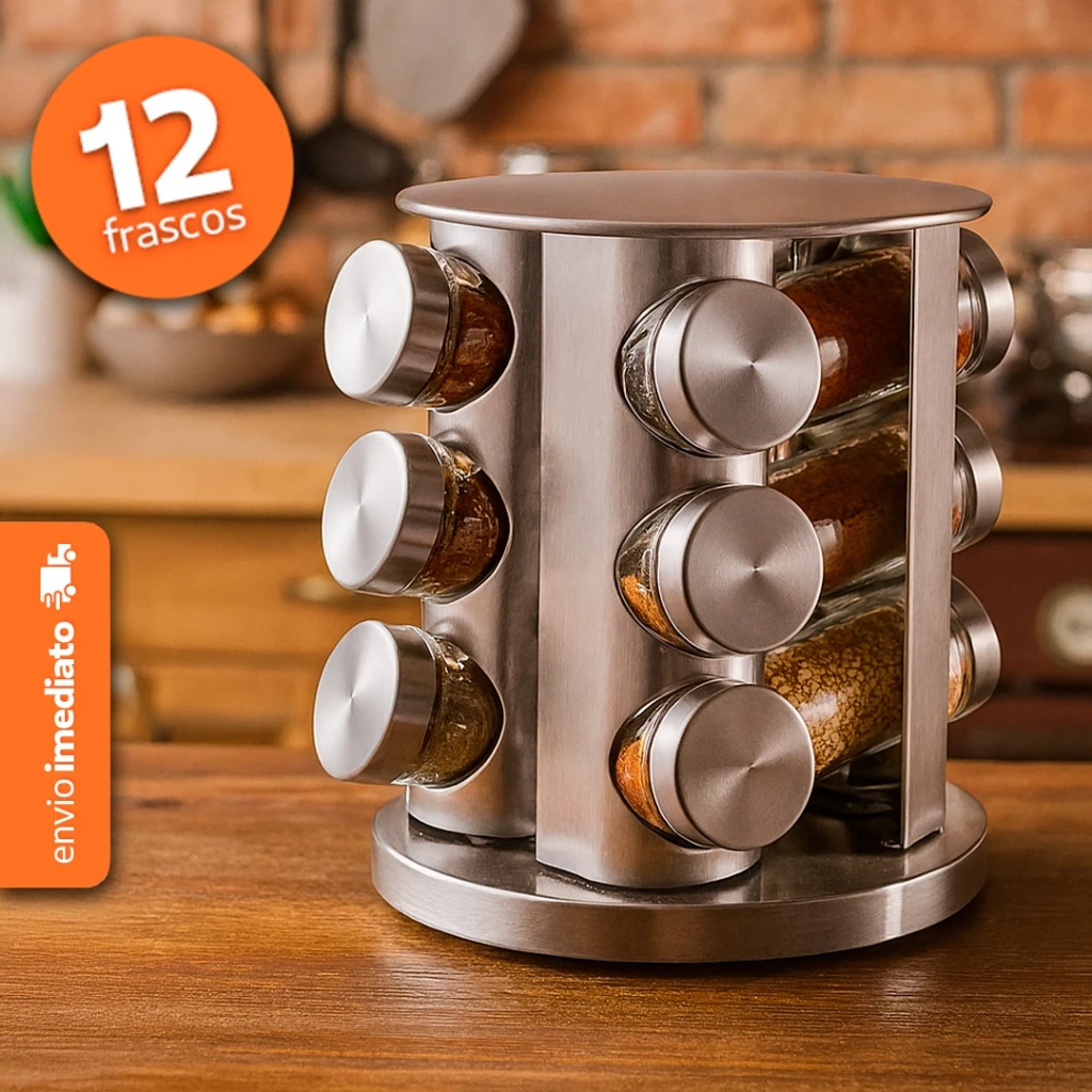 Porta Condimento Giratório - Base Inox - 12 Frascos - Cozinha Gourmet - Potes de Vidro e Base Inox