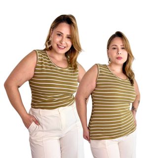 Regata plus size listrada caqui algodao 96% penteado alta qualidade em Oferta na Shopee