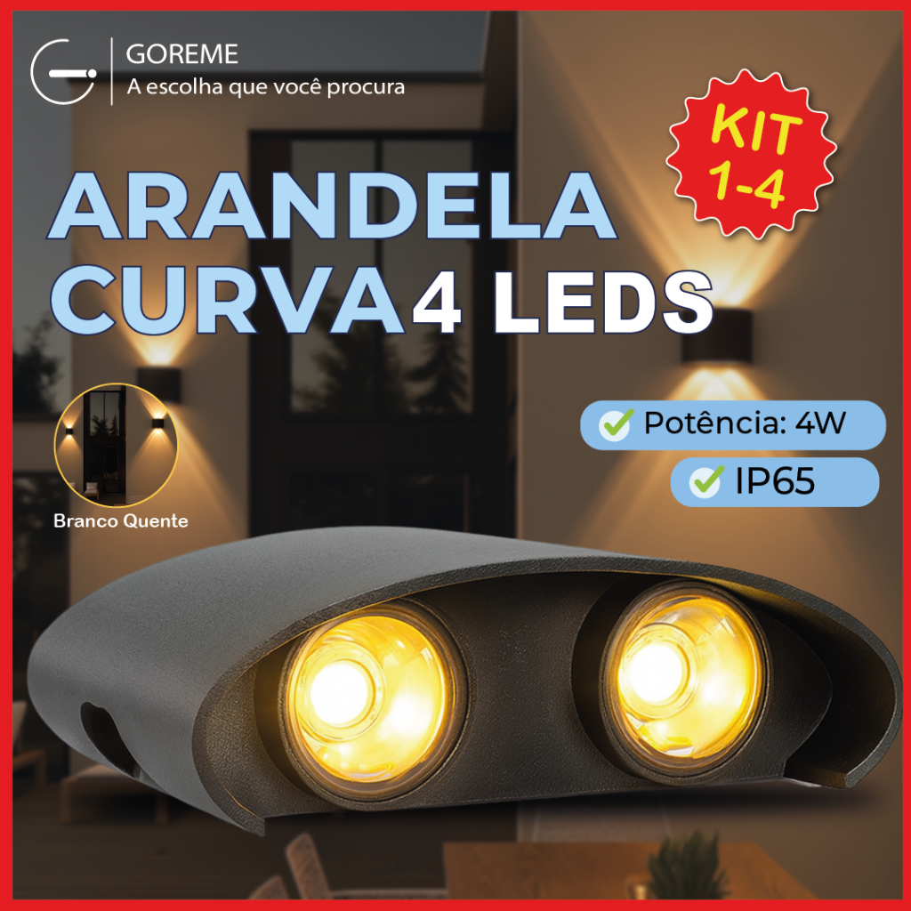 Kit 4 Luminária Arandela Led Meia Lua Curva 4W Parede Luz Quente 4 LEDS Estrutura Preta - Home & Living