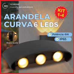Luminária Arandela Led Meia Lua Curva 6W Parede Luz Quente 6 LEDS Estrutura Preta