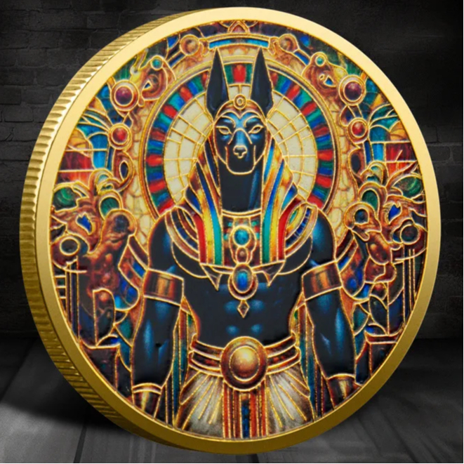 Moeda do Egito - comemorativa do Deus Anúbis- Banhado à Ouro design 2