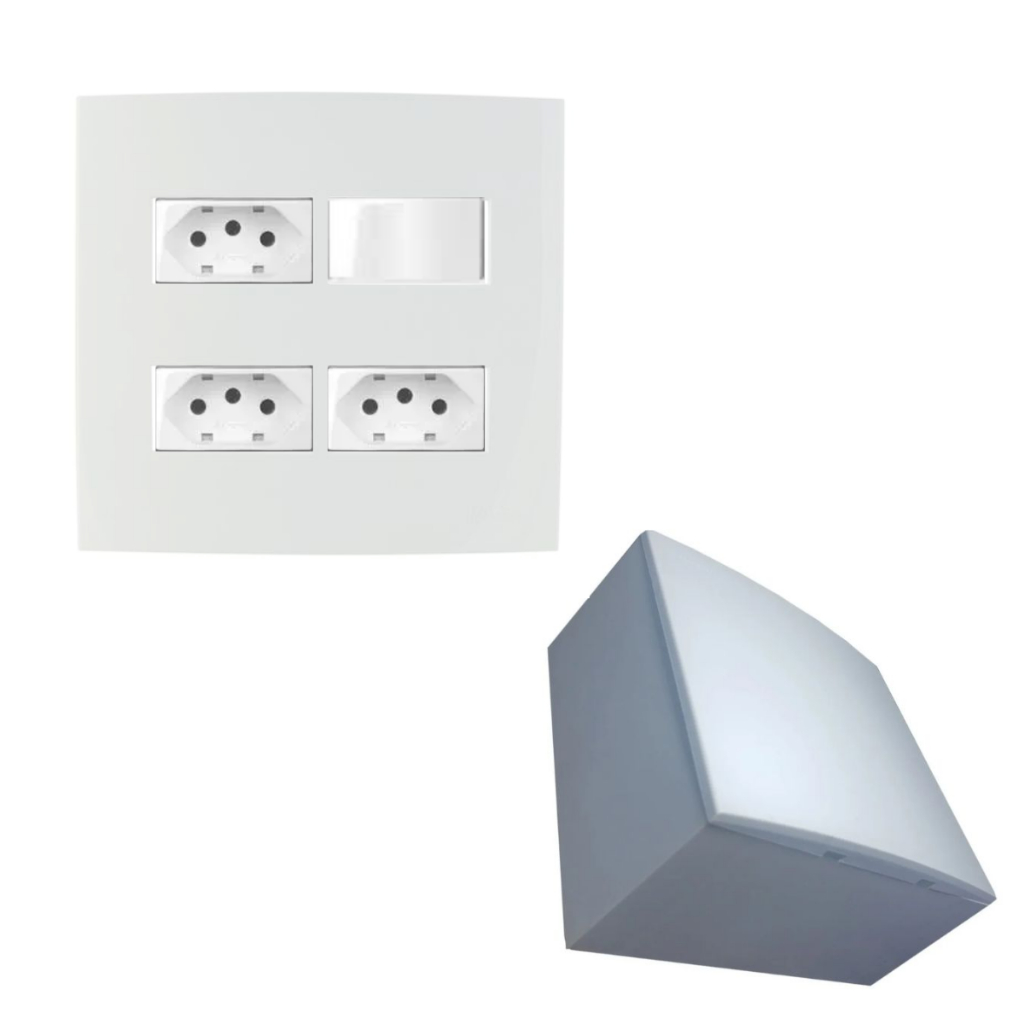 Conjunto Caixa 4x4 Sobrepor com 3 Tomada 20a + 1 Tecla Interruptor Simples Sleek Branco Margirius