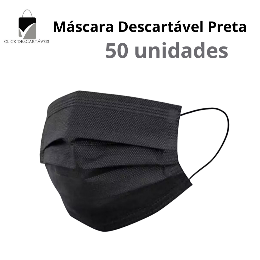 Máscara Descartável Preta 50 Un - Tripla Camada - Clipe Nasal