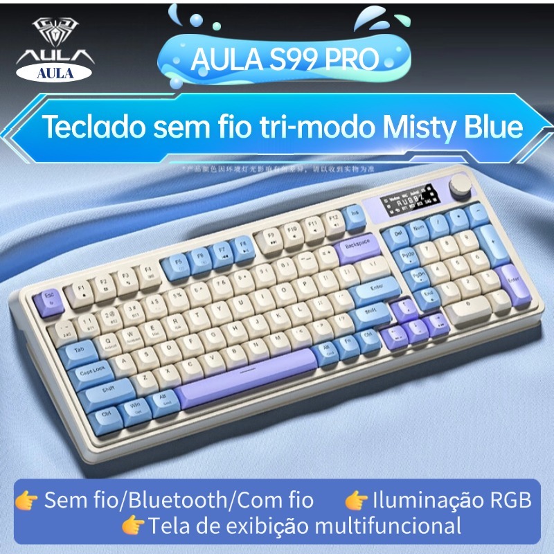 AULA S99 Pro Teclado Gamer Mecânico Sem Fio Bluetooth 2.4G USB RGB Portátil Pc Notebook Celular