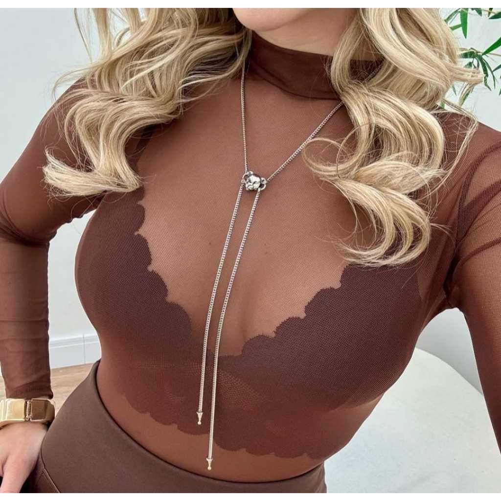 Body Tule Transparente Colorido Marrom,Nude Manga Comprida/Bodi Feminino manga longa. em Oferta na Shopee