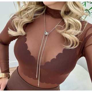 Body Tule Transparente Colorido Marrom,Nude Manga Comprida/Bodi Feminino manga longa. em Oferta na Shopee