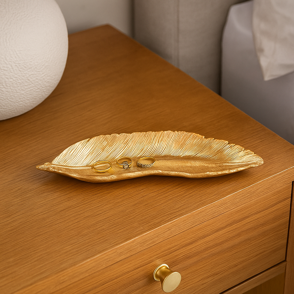 Enfeite Mini Pena Bandeja Porta Treco Folha Decorativo Casa Luxo Dourado