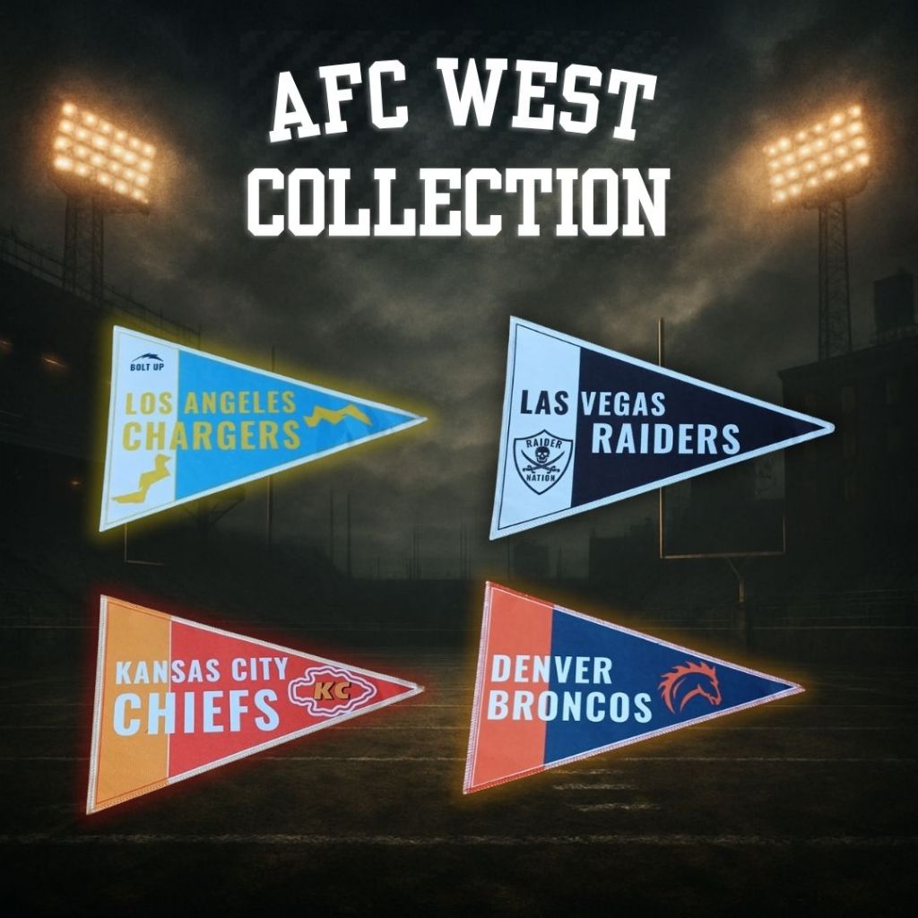 Kit 4 Flâmulas Decorativas NFL – AFC West | Chiefs, Broncos, Chargers, Raiders | 20x30cm