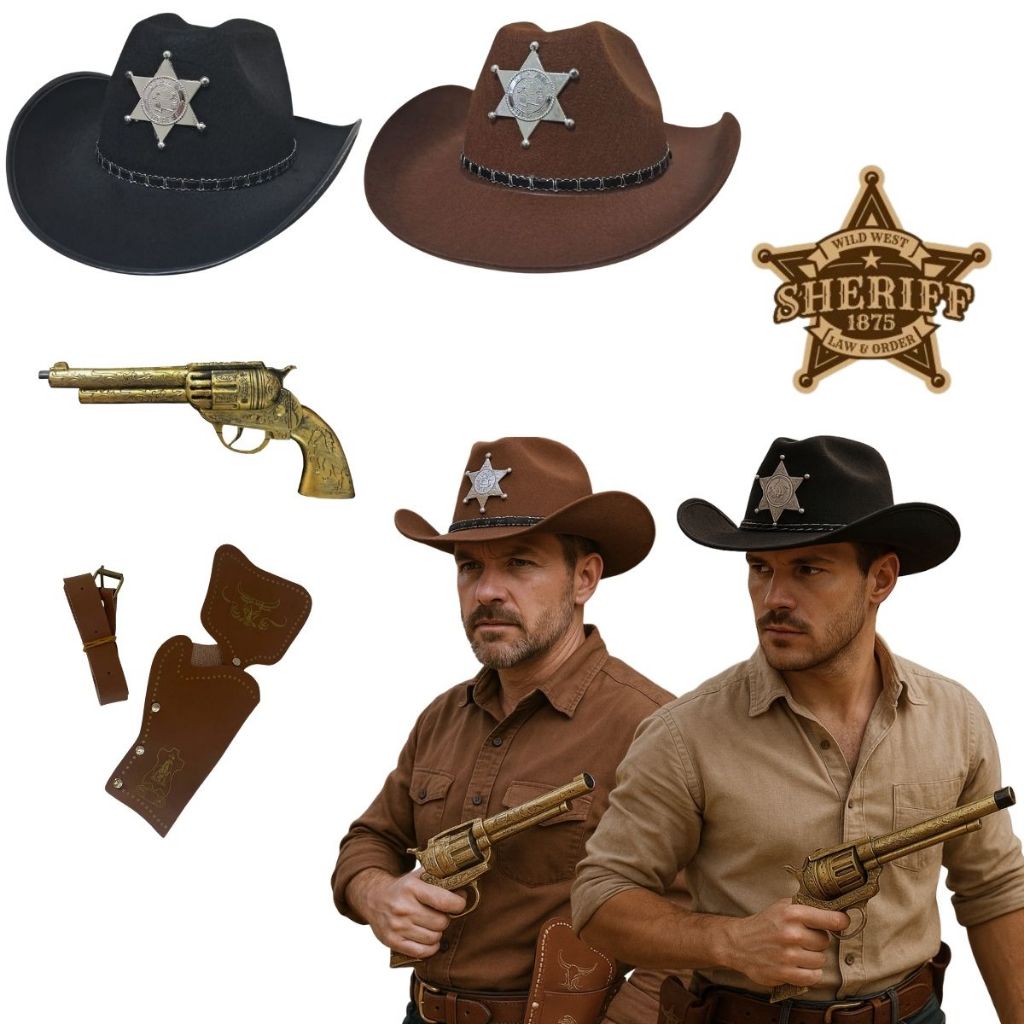 Kit Cowboy Xerife Arma Brinquedo Chapéu Estrela Coldre Velho Oeste Festa Carnaval Fantasia Halloween