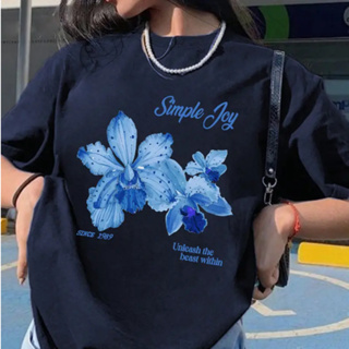 Camiseta Feminina Algodão Camisa Macia Simple Joy Flor Azul em Oferta na Shopee