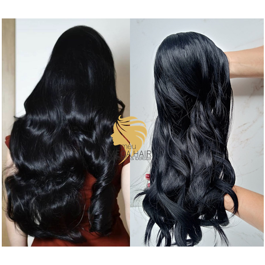 Aplique de Cabelo na Tela Mega Hair Natural Fibra Russa Ondulado Preto 50cm Premium Bella Hair