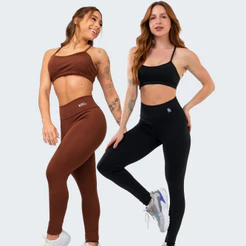 Kit 2 Conjunto Fitness Top Alça e Calça Legging Cós Alto Feminino Liso Básico Academia
