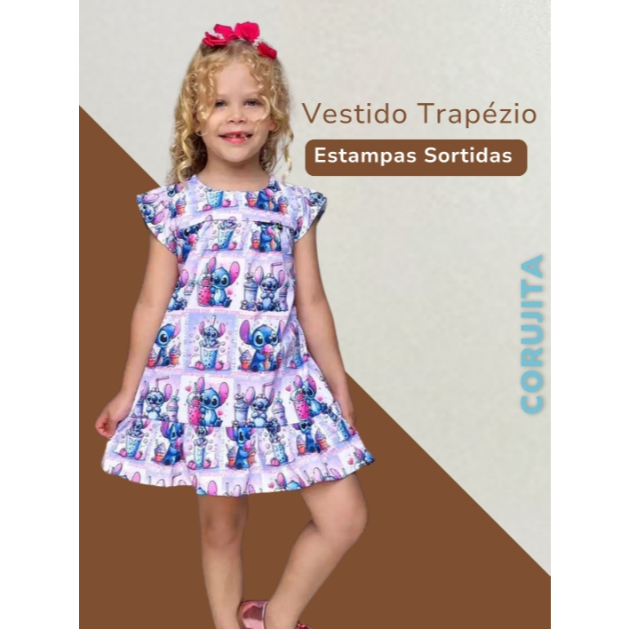 Vestido Infantil Trapézio Estampa Sortida Charme Verao Casual Menina Criança Festa Casual Juvenil