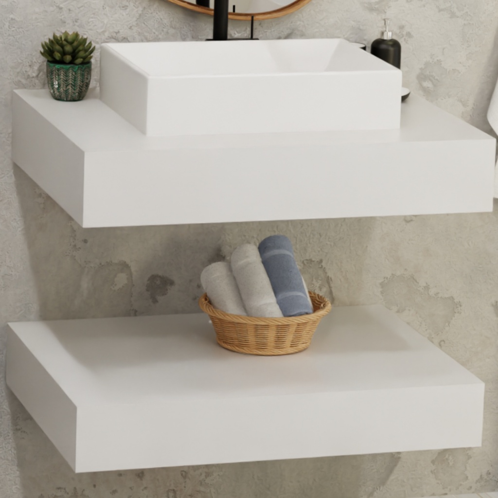 Bancada de Porcelanato + Cuba de Apoio + Prateleira 62x40 Elite Branca Cuba Branca