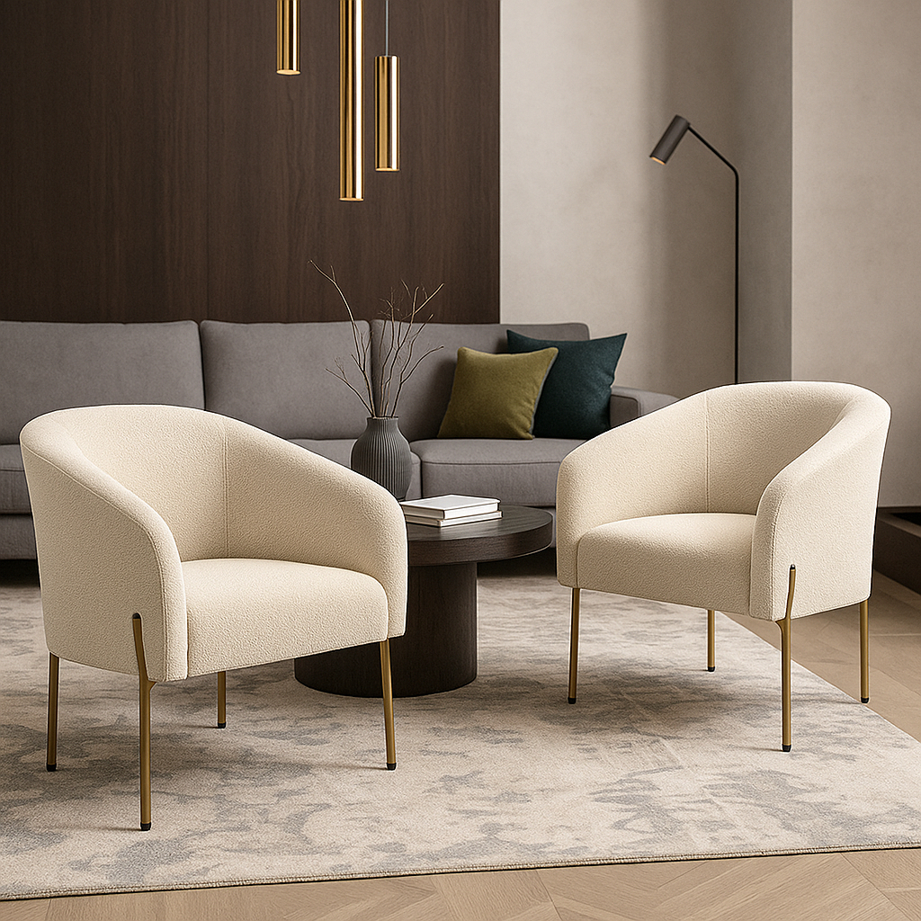 Kit 2 Poltronas Decorativas Sala Salão de Beleza Quarto Leitura Pé Ferro Dourado Stella Bouclê