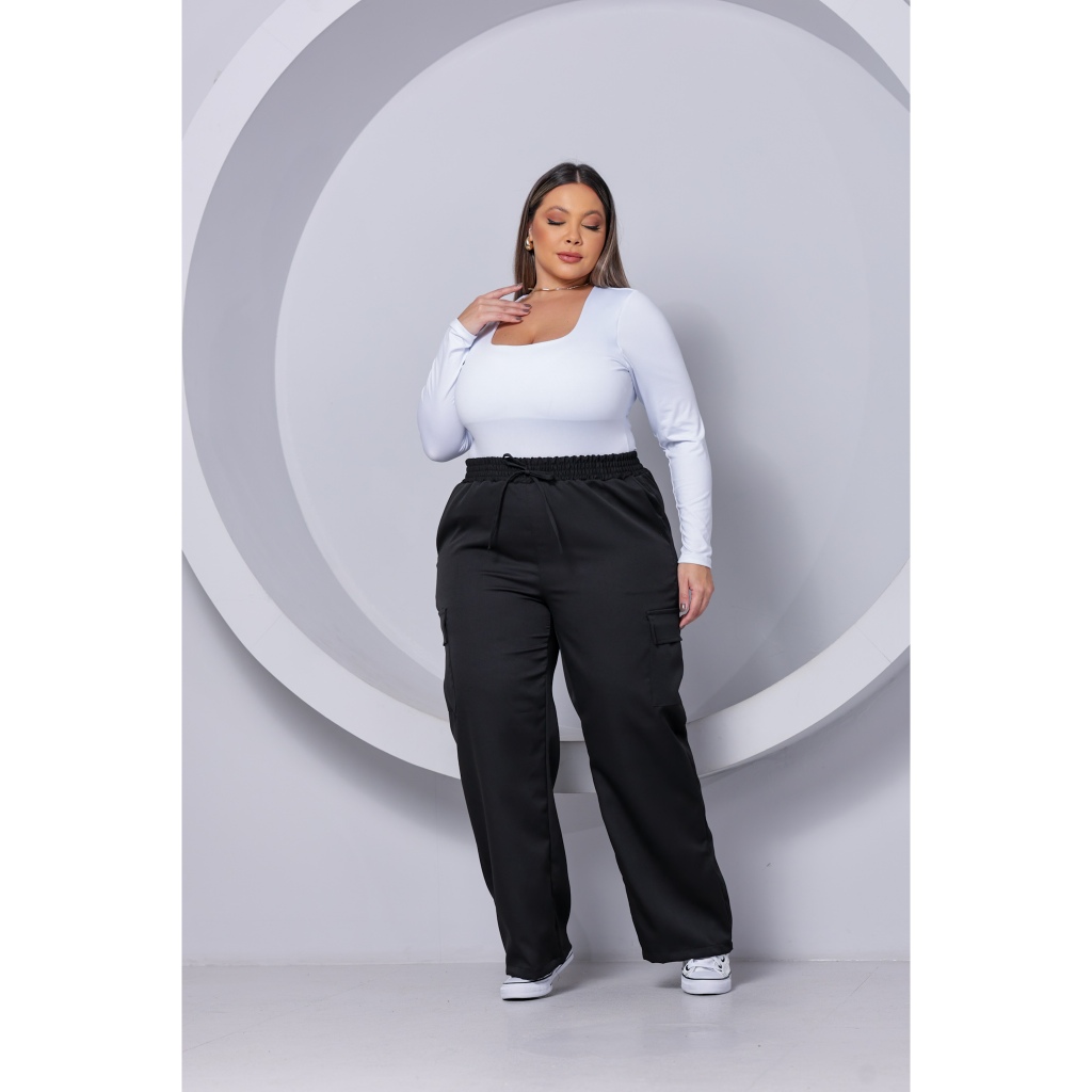.  Calça PLUS SIZE Pantalona Wide Leg Feminina C/ Bolso Cargo