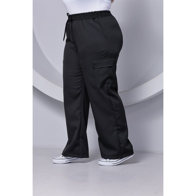 . Calça PLUS SIZE Pantalona Wide Leg Feminina C/ Bolso Cargo