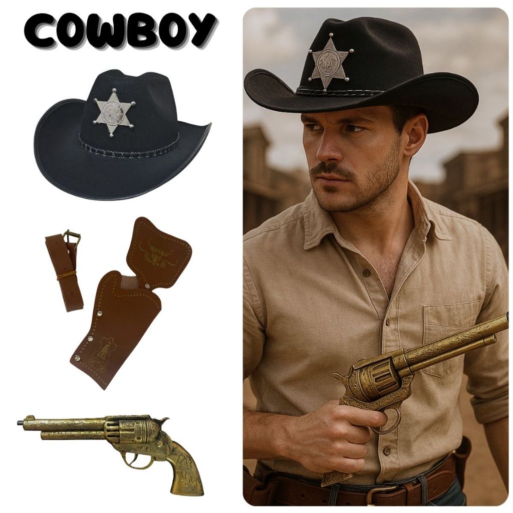 Kit Xerife Cowboy Arma Revolver Brinquedo Chapéu Coldre Velho Oeste Festa Carnaval Fantasia Cosplay