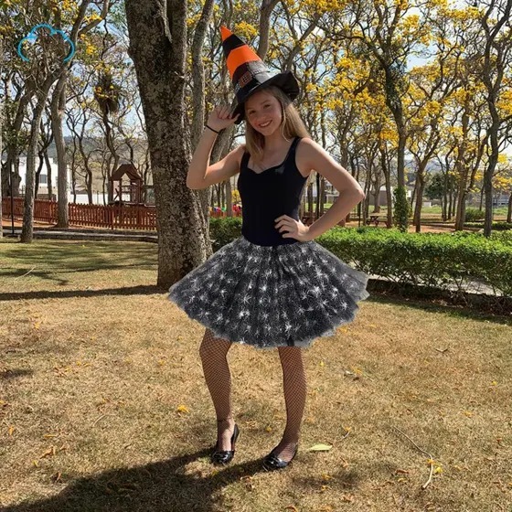 Saia de tule adulto halloween enfeitada 40cm fantasias dia das bruxas  aranha com teias