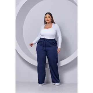 Calça PLUS SIZE Pantalona Wide Leg Bolso Cargo em Oferta na Shopee