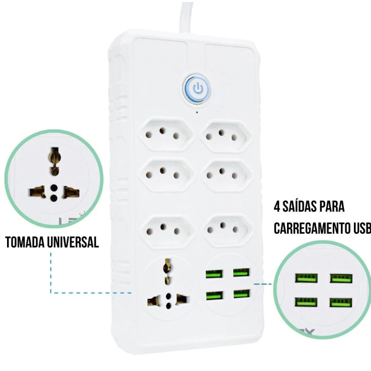 Extensão Elétrica 7 Tomadas Bivolt Universal C/ 4 Usb Cabo 2m -a Régua Filtro de Linha 10A