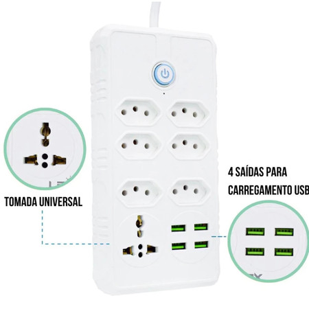 Extensão Elétrica 7 Tomadas Bivolt Universal C/ 4 Usb Cabo 2m -a Régua Filtro de Linha 10A