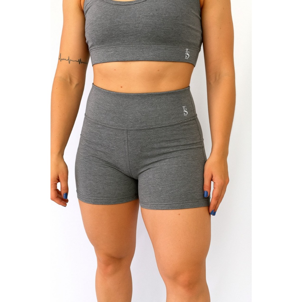Conjunto Feminino Top + Shorts de Cintura Alta Cor Cinza
