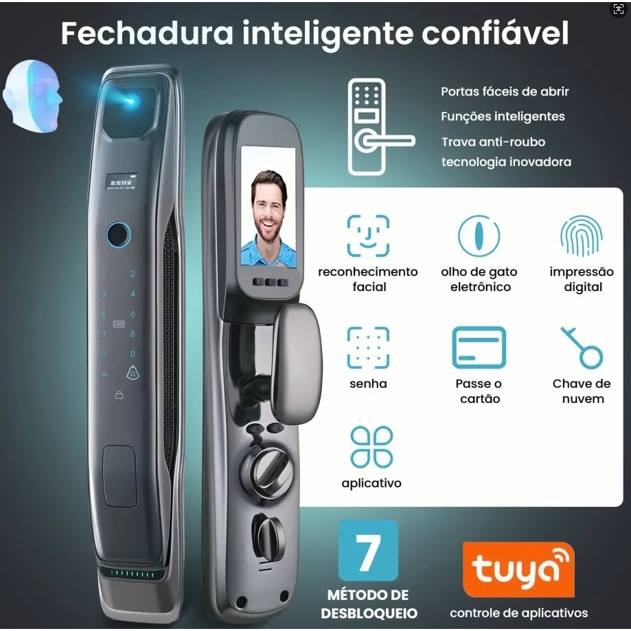 Fechadura Digital Inteligente 3D – Reconhecimento Facial, 7 Formas de Acesso, Câmera e App Tuya
