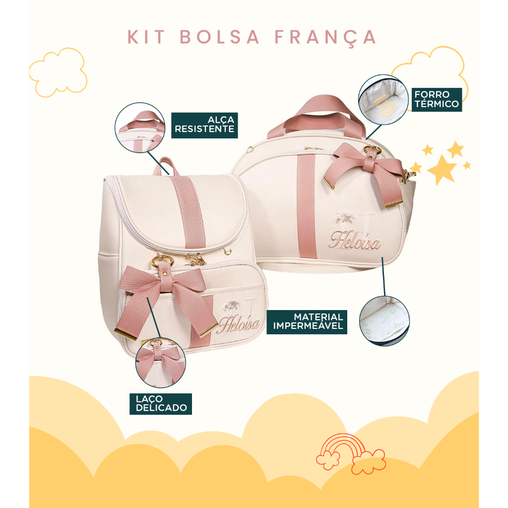 Kit Maternidade 2 Peças Bolsa e Mochila Personalizado Térmica Impermeável, Coleção França