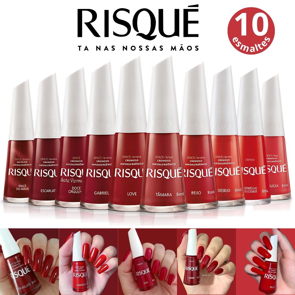 Kit 10 Esmaltes Risqué Diversos Tons Vermelho Atacado