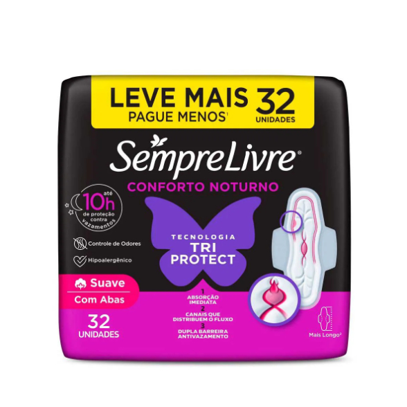 Absorvente Sempre Livre Noturno Suave com Abas 32 Unidades – Conforto e Proteção em Oferta na Shopee