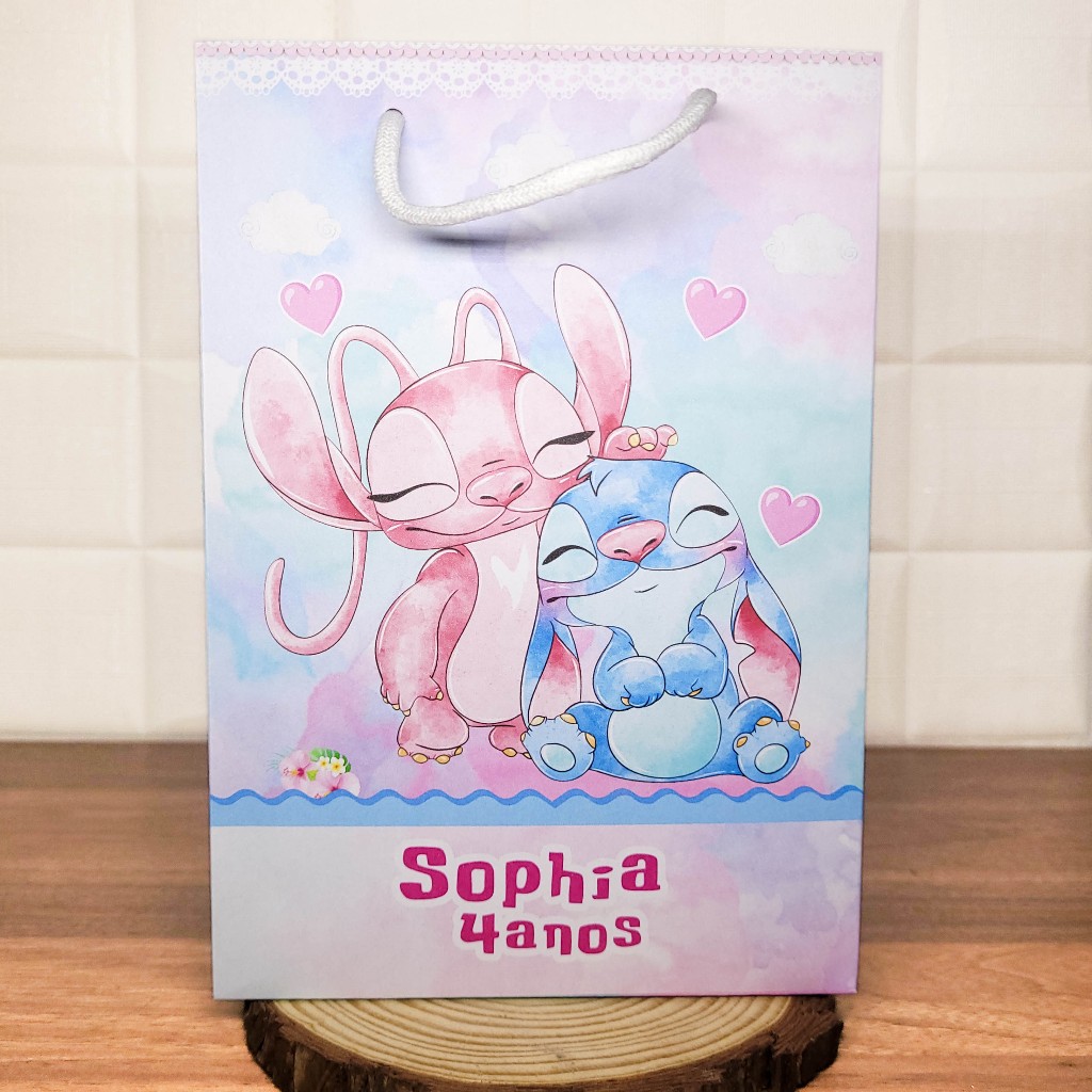 Sacolinha (M) Personalizada Lembrancinha Stitch e Angel Aquarela 2.