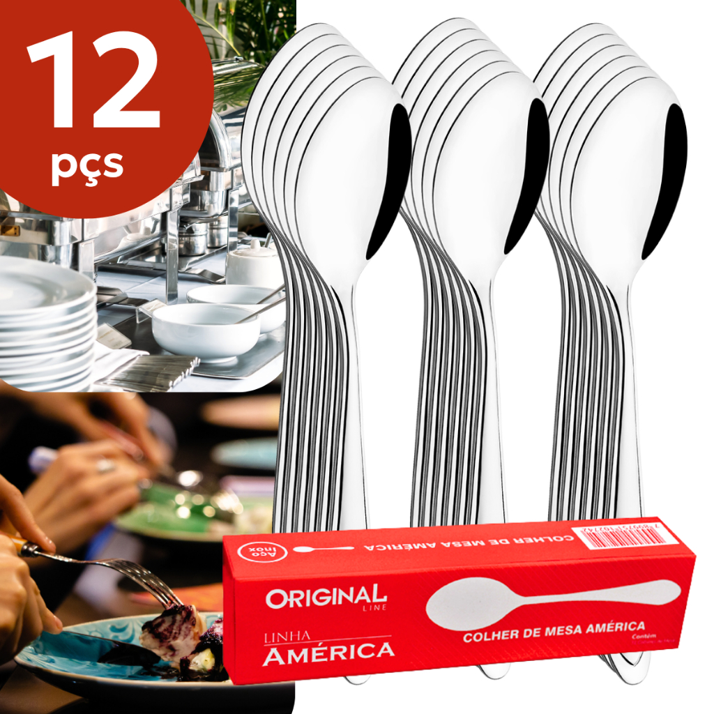 Kit Colher de Mesa Aço Inox 12pçs América Original Line Bar Restaurante Buffet Padaria Cozinha