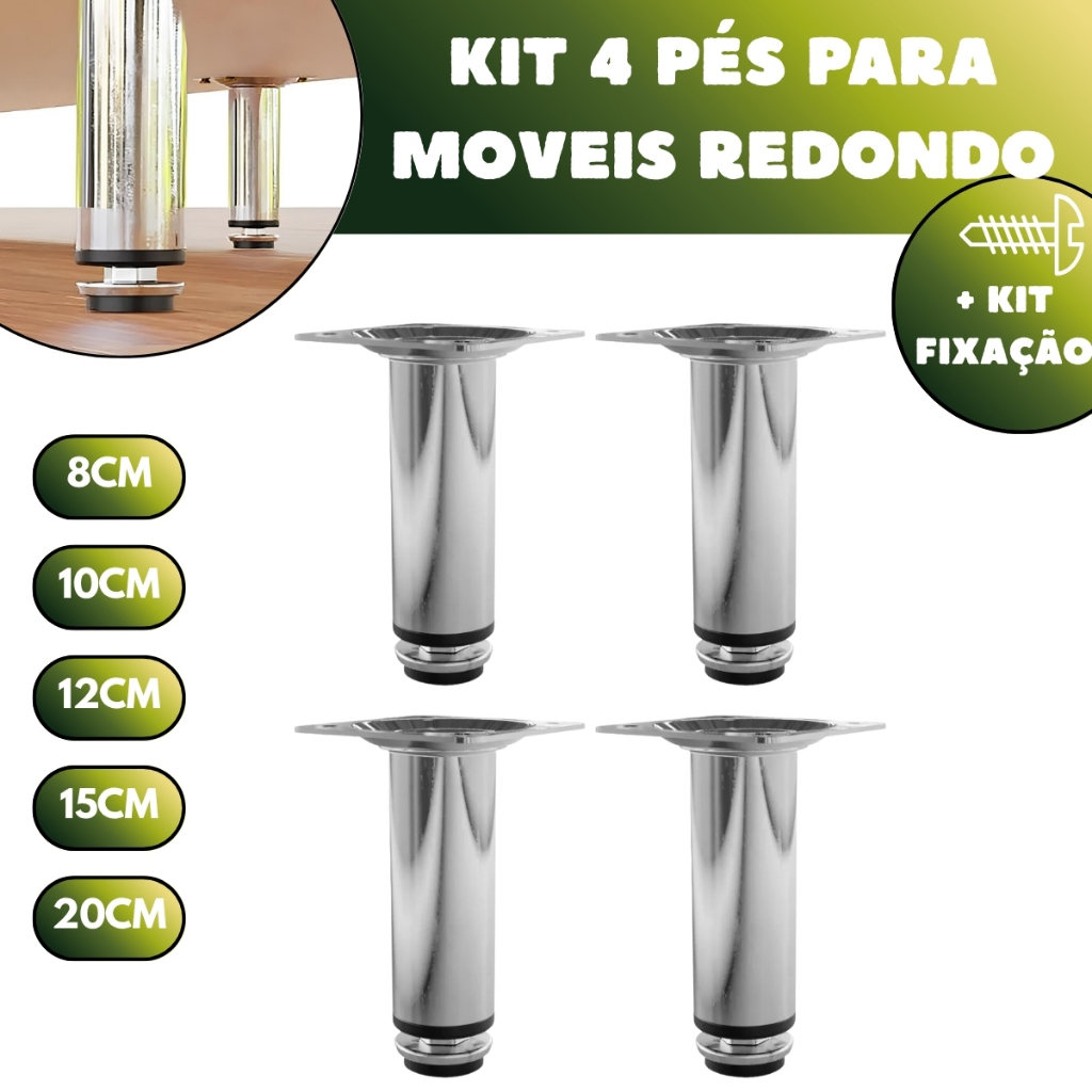 Kit 4 Pés Para Móveis Reguláveis Redondo Cromado Aço Altura 8cm 10cm 12cm 15cm 20cm Base Reforçada