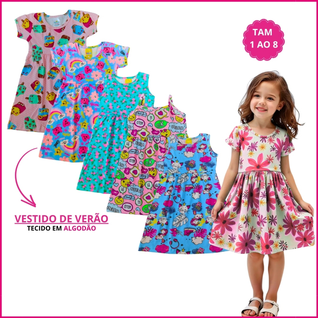Kit 5 Vestido Infantil Menina Verão Calor Manguinha Alcinha e Regata em Algodão Fresquinho 1 ao 8