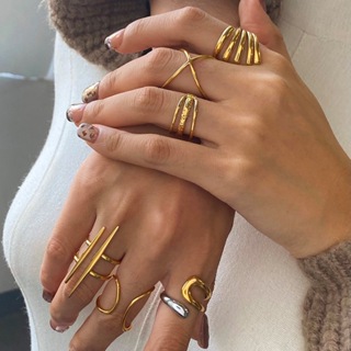 Novo anel de moda em aço inoxidável 18K estilo europeu, design aberto, tamanho ajustável, elegante e simples em Oferta na Shopee
