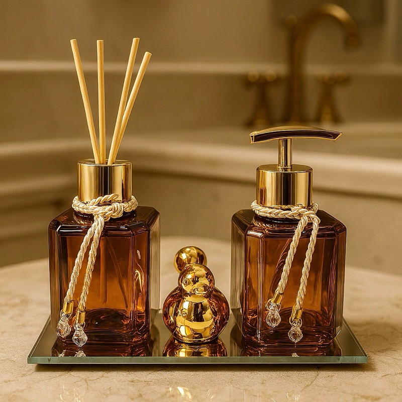 Kit Lavabo Pet Luxo Dourado Ambar Com Difusor de Varetas Saboneteira Bandeja Passarinho