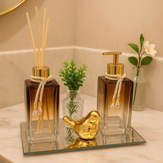 Kit Banheiro Lavabo Completo Vidro Degrade Luxuoso Com Bandeja Vasinho Passarinho em Oferta na Shopee