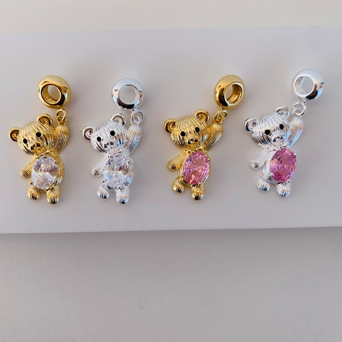 Berloques semi joia prata 925 e ouro 18k urso ted cristal vidro colar e pulseira