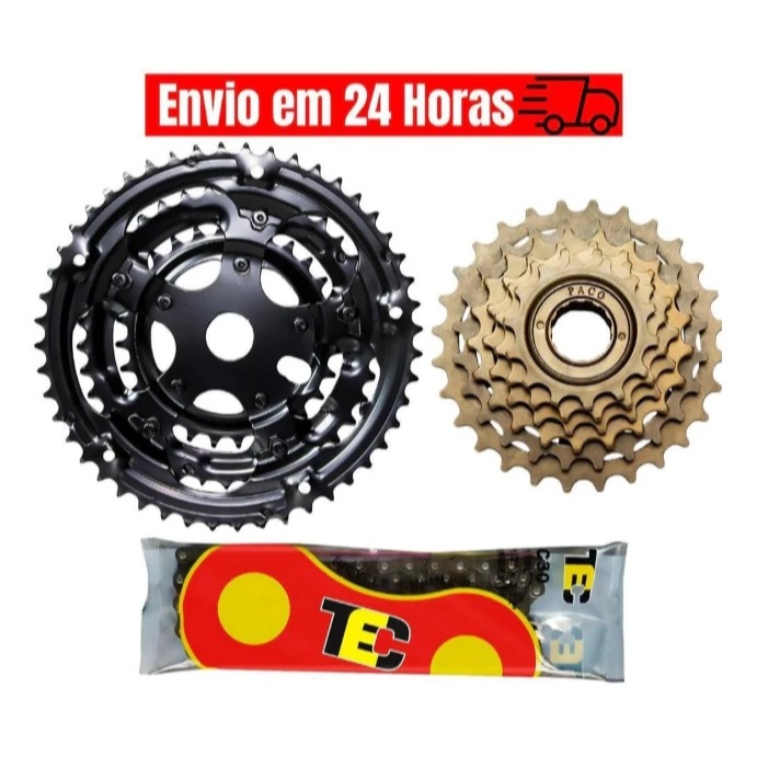 Kit Bicicleta 18 Marchas P/ Pedivela Monobloco - Coroa Tripla 48d + Catraca Rosca 6v + Corrente Fina
