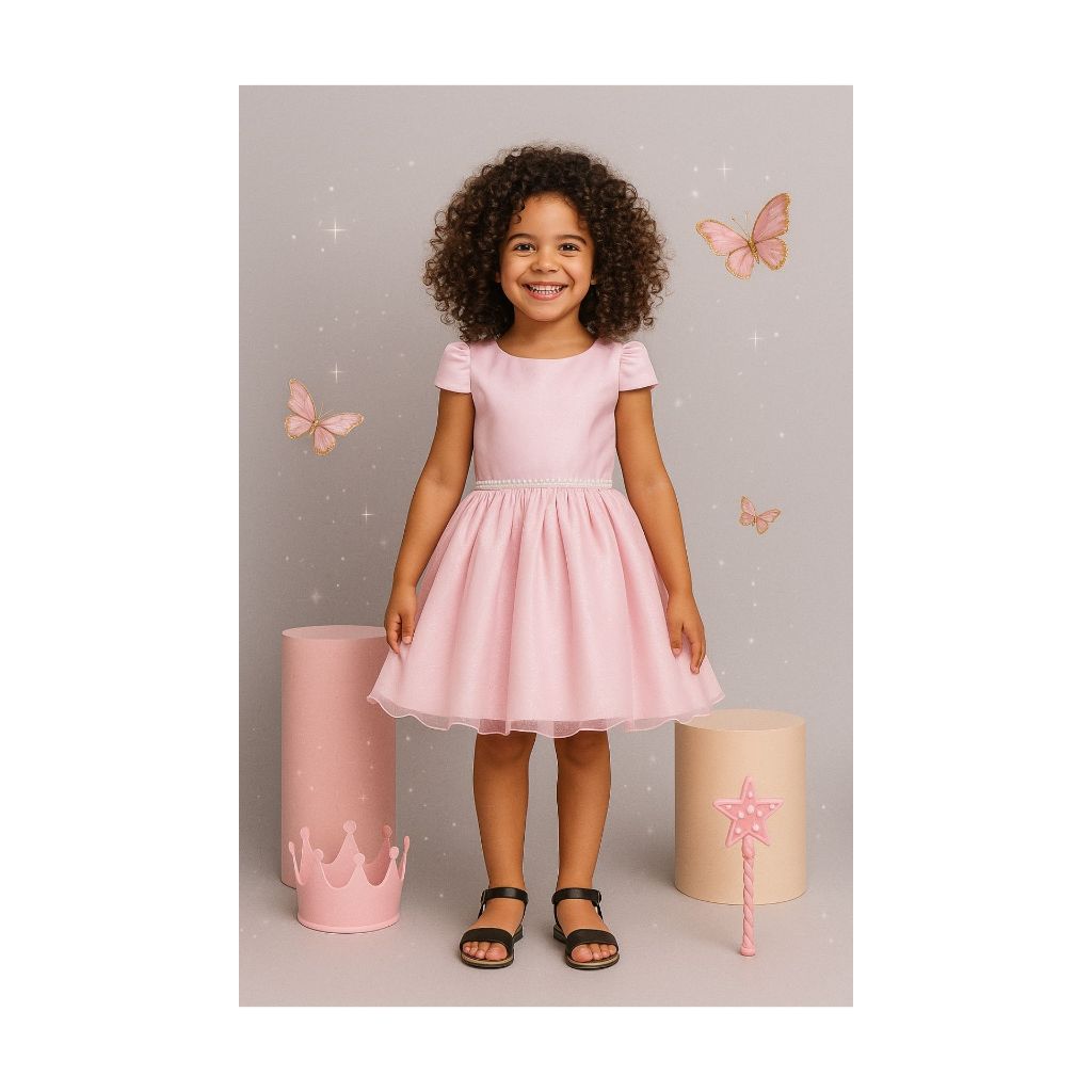 Vestido Infantil de Festa Saia Brilho Rosa Luxo Princesa Aniversário