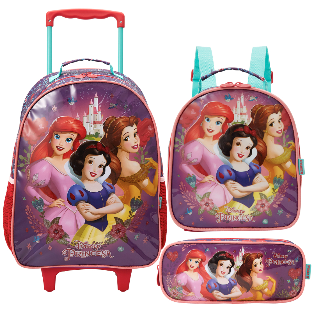 Kit 3 Escolar Mochila De Rodinhas + Lancheira + Estojo Princesas Disney Ariel Bela Branca de Neve