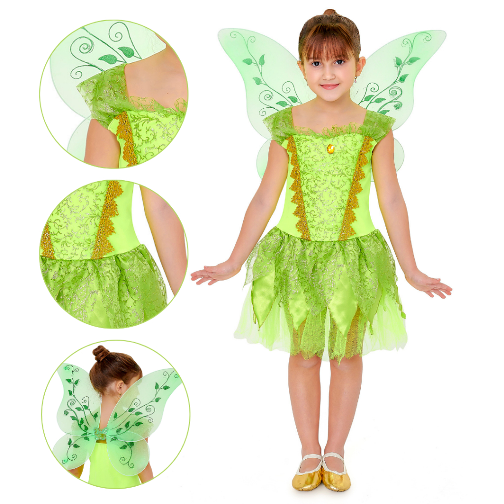 Fantasia Infantil Luxo Sininho Tinker Bell Fada Verde Festa Fantasia Cosplay Personagem Encantada