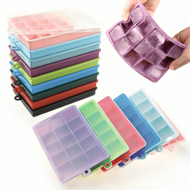 Forma de Gelo em Silicone com Tampa Moldes de Cubos de Gelo Quadrados para Uso Doméstico Forma de Gelo Silicone