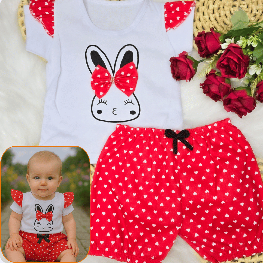 Conjunto Roupa Bebê Menina Blusa Coelhinho + Short 2 Peças Verão - Embalado Presente Envio Imediato