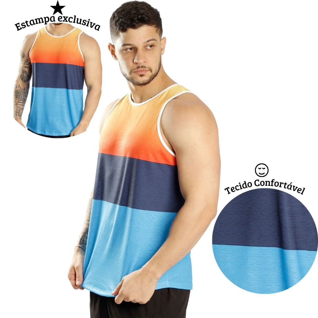 KIT 3 Camisetas Regatas Masculinas Estampadas Elastano Passeio Casual